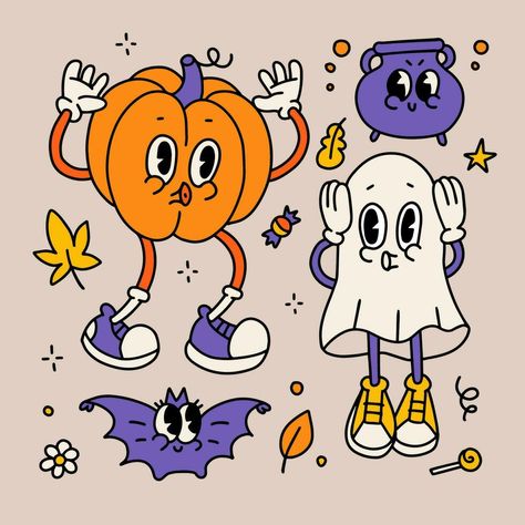 Halloween Vector Art, Halloween Costume Illustration, Spooky Cartoon, Cute Halloween Graphics, Retro Ghost, Halloween Ilustraciones, Halloween Cartoon Art, Cute Halloween Cartoons, Halloween Characters Drawings