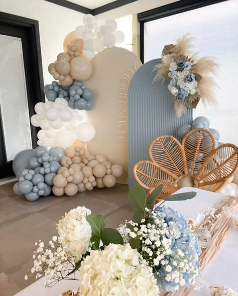 Boy Baby Shower Color Scheme, May Baby Shower Ideas Boy, Blue Theme Baby Shower Ideas, Blue Boho Baby Shower Ideas, 2025 Baby Shower Ideas, Dusty Blue Baby Shower Decor, Blue Boy Baby Shower Ideas, Neutral Boy Baby Shower Ideas, Boho Baby Shower Ideas Boy