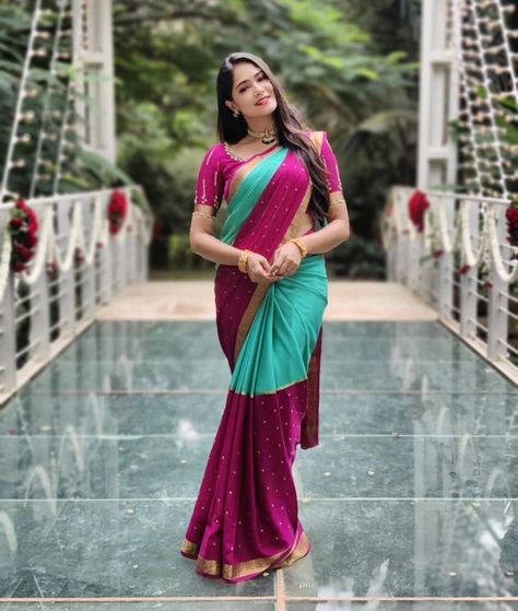 Silk Saree Contrast Blouse, Green Half Saree, Mysore Silk Sarees, Bride Saree, Sarees South Indian, Girls Dresses Diy, Bridal Sarees South Indian, New Saree Designs, Traditional Blouse Designs