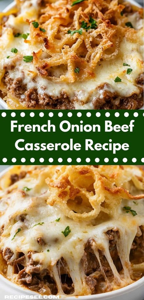 Craving a hearty dish? This easy French Onion Beef Casserole recipe offers rich flavors and simple preparation. Perfect for busy weeknights, it's a satisfying beef dinner that the whole family will love. French Onion Beef Casserole, Onion Beef Casserole, French Fried Onion Recipes, Supper Casseroles, French Onion Casserole, Fried Onions Recipe, Baked Dinners, French Onion Beef, Beef Noodle Casserole