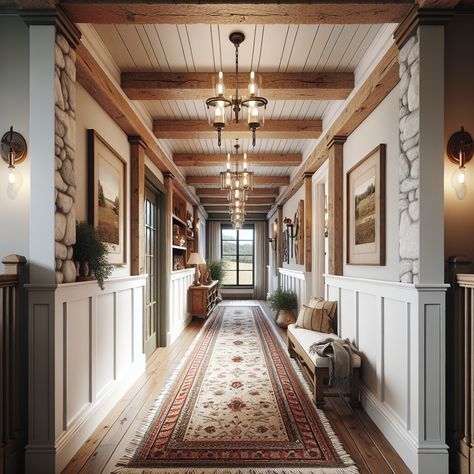 The hallway should feature natural elements like wooden beams and stone accents. The walls should be adorned with white wainscoting and the floor should be hardwood, covered partially with a vintage-inspired rug. Make sure to include modern light fixtures gracing the ceiling and a few antique pieces of furniture placed tastefully. The window at the end of the hallway should allow the natural light to brighten up the space. This image should serve as an inspiration for a remodeling project. Hallway With Wood Beams, Wide Hallway Ideas, Cozy Hallway, Wooden Hallway, Hallway Design Ideas, Wood Block Flooring, Wide Hallway, Farmhouse Hallway, Rustic Hallway