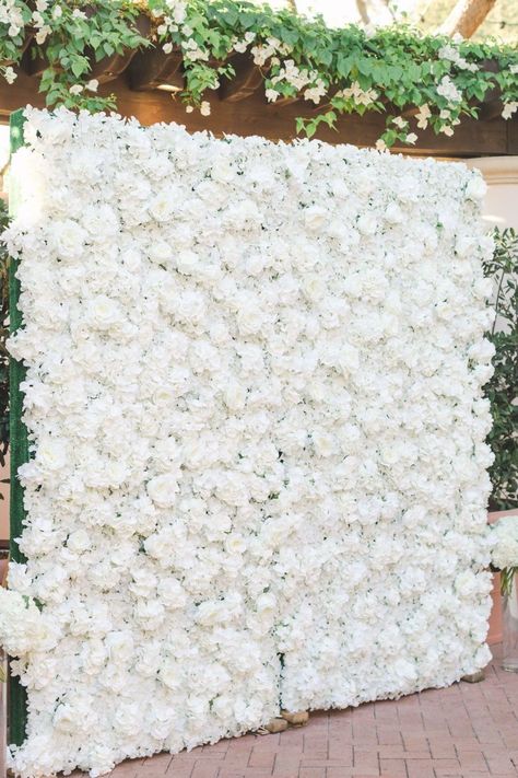 Luxury white rose and hydrangea floral wall backdrop for photos for cocktail hour. Full flower wall that's all white. The Resort at Pelican Hill wedding by Cavin Elizabeth Photography and Details Details Floral Wall Backdrop, Wood Wedding Decorations, Pelican Hill Wedding, Backdrop For Photos, Pelican Hill, Event Management Services, Hill Wedding, 19th Birthday, Rose Wall