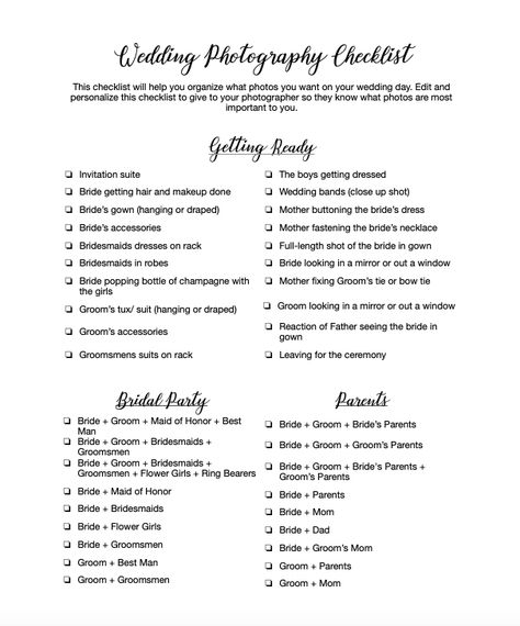 Download our free comprehensive wedding photography checklist to give to your photographer so they know what photos are most important to you on your wedding day. Wedding Day Photo Checklist, Wedding Photography Checklist For Photographer, Wedding Day Photo List, Photographer Checklist, Wedding Photographer Checklist, Wedding Photo Checklist, Photography Checklist, Wedding Photography List, Photo Checklist