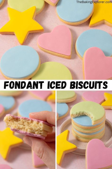 Rolled Icing Cookies, Fondant Cookies Recipe, Fondant Iced Biscuits, How To Ice Biscuits, Iced Biscuits Recipe, Cookie With Fondant, Fondant Cookie Decorating, Iced Biscuits Ideas, Fondant Decorated Cookies