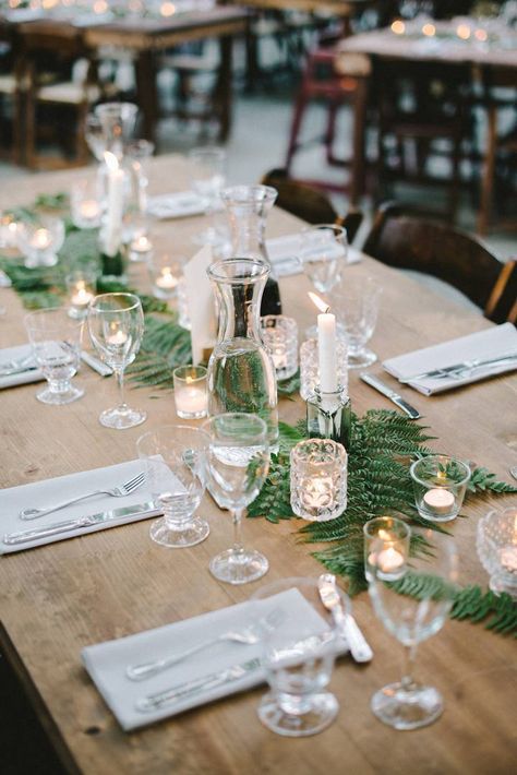 11 Ways to Use Ferns in Your Wedding Simple And Cheap Wedding Decor, Ferns For Wedding Decor, Ethereal Wedding Centerpieces, Fern Centerpiece, Wedding Candles Table, Fern Wedding, Redwood Wedding, Wedding Floral Centerpieces, Candle Table