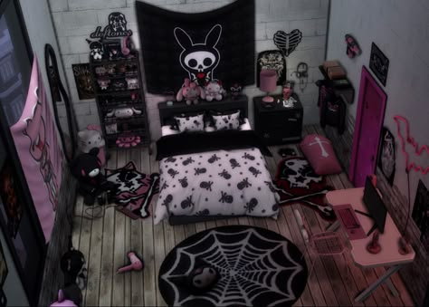 Sims 3 Room Ideas, 90s Goth Room, Emo Kawaii Room, Bloxburg Emo House, Sims 4 Emo Bedroom, 2000s Emo Room Ideas, Emo Scene Bedroom, Scene Room Aesthetic, Emo Y2k Room