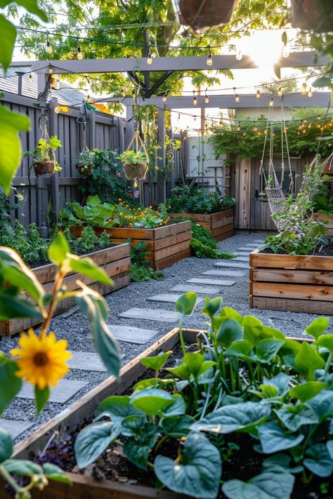 Embrace DIY green living in the city with these 44 ideas, featuring eco-friendly gardening projects and space-efficient designs for growing your own fresh vegetables on your small patio. #DIYGreenLiving #CityGardening #VeggieGarden Small Fenced Vegetable Garden, Gardens For Small Yards, Landscaping With Garden Boxes, Small Garden Townhouse, Vegetable Garden With Seating Area, Gardens In Small Spaces, Side House Garden Ideas, Urban Veggie Garden, Nyc Garden Backyards