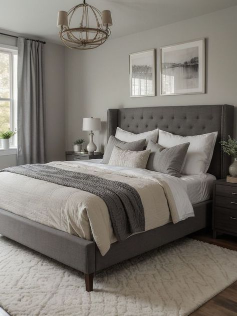 Grey Bed Design Ideas, Gray And White Guest Bedroom, White And Grey Master Bedrooms Decor, Room With Grey Bed Frame, Beds With Grey Headboard, Bedroom Idea Grey Bed, Grey Bedroom Set Ideas, Cute Grey Bedroom Ideas, Grey Wall Master Bedrooms Decor