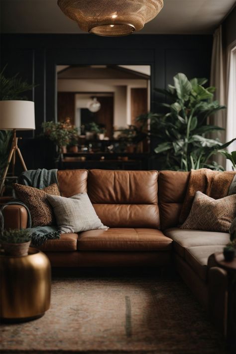 Caramel Leather Sofa, Brown Leather Sofa Living Room, Dark Brown Leather Sofa, Leather Couch Living Room Decor, Brown Leather Couch Living Room, Brown Leather Furniture, Moody Living Room, Leather Couches Living Room, Brown Couch Living Room