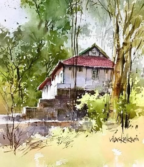 Watercolor Cottages, Landscape Paintings Ideas, Watercolour Houses, Water Colour Landscape, Watercolor Scenery Painting, Indian Landscape, Milind Mulick, Watercolor Indian, Bull Painting