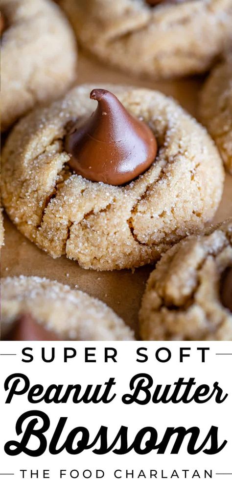 Peanut Butter Blossoms Recipe, Hershey Kiss Cookies, Peanut Butter Kiss, Peanut Butter Kiss Cookies, Soft Cookie Recipe, Soft Peanut Butter Cookies, The Food Charlatan, Peanut Butter Blossom Cookies, Blossom Cookies