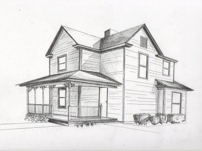 House In Perspective, Old House Drawing, House Perspective, Perspective Sketches, 2 Point Perspective Drawing, Perspective Drawings, House Design Drawing, Perspective Sketch, Perspective Drawing Architecture