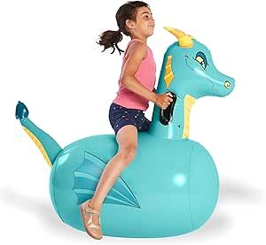 Hearthsong Hop 'n Go Inflatable Ride-On Bouncer, 48" L x 20" W x 36" H, Ergonomic Side Handles, Heavy Duty Vinyl, Ages 5 and Up (Dragon - Single) Laughing Horse, Inflatable Bouncers, Kids Gift Guide, Blue Dragon, All Toys, Outdoor Games, Outdoor Play, Pharmacy Gifts, Games For Kids