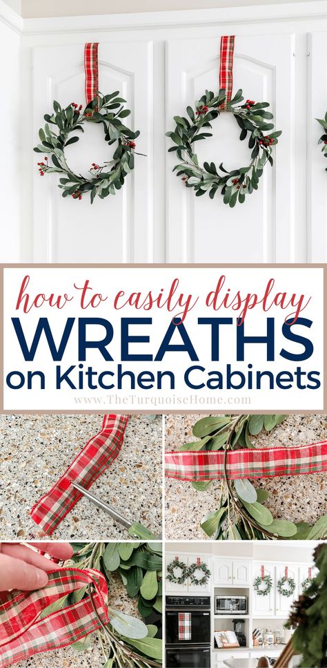 Cupboard Door Christmas Decor, How To Hang Cabinet Wreaths, How To Decorate Above Your Kitchen Cabinets For Christmas, Little Wreaths On Cabinets, Kitchen Cupboard Christmas Wreaths, Cabinet Decorating Ideas For Christmas, Cabinet Door Wreaths Christmas, Kitchen Christmas Decorations Cabinets Diy, Christmas Cabinet Ideas