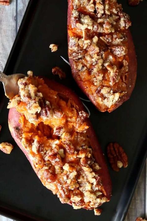 Vegan Stuffed Sweet Potatoes are baked and then they become even better because they are mixed with ingredients for more flavor and creaminess - then baked again. It's a great make-ahead side dish too. #sweetpotatoes #sidedish #vegan #veganrecipes #Thanksgivingrecipes Sweet Potatoes With Pecans, Vegan Thanksgiving Main Dish, Sweet Potato Pecan, Twice Baked Sweet Potatoes, Stuffed Sweet Potatoes, Baked Sweet Potatoes, Freezer Recipes, Vegan Thanksgiving Recipes, Nut Recipes