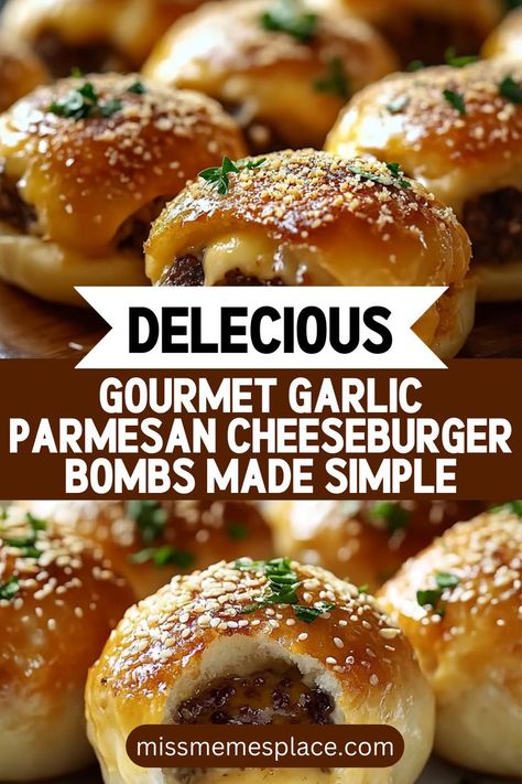 Experience gourmet flavor with these simple Garlic Parmesan Cheeseburger Bombs! Stuffed with juicy ground beef, melted cheese, and a delicious garlic infusion, these bite-sized wonders are a perfect twist on traditional cheeseburgers. The flaky biscuit dough bakes to a golden perfection, while the parmesan topping adds an elegant touch. Perfect for parties, tailgates, or family dinners, these easy-to-make bombs are bound to impress your guests! Crescent Roll Recipes Dessert, Flaky Biscuits, Bombe Recipe, Biscuit Dough, Crescent Roll Recipes, Appetizer Bites, Fair Food Recipes, Garlic Parmesan, Biscuit Recipe