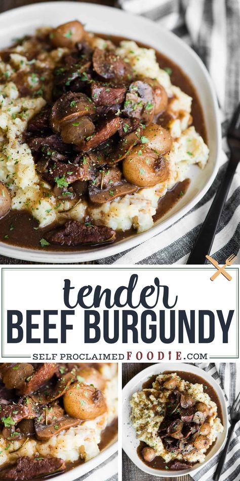 Beef Burgundy is an easy dinner recipe that can be made in the slow cooker, an Instant Pot, or on the stovetop. This red wine french stew is the best! Red Wine Stew, French Stew, Beef Burgundy Recipe, Beef Burgundy, Pearl Onions, Easy Dinner Recipe, Tender Beef, Beef Recipes Easy, Easy Beef