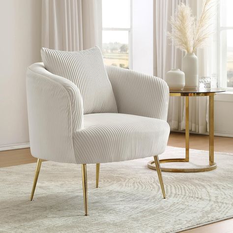 Art Leon Velvet Accent Chair, Upholstered Maximalist Single Sofa Chair, Comfy Barrel Chair with Golden Metal Legs for Living Room Bedroom, Off White Velvet Barrel Chair, Chic Accent Chairs, Chair Comfy, Upholstered Bedroom, Club Armchair, Velvet Accent Chair, Single Sofa Chair, Modern Accent Chair, Curved Back