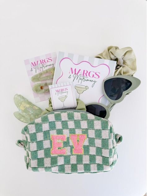 Scottsdale Bachelorette Goodie Bags, Sage Green Bridesmaid Gifts, Bach Goodie Bags, Bridesmaid Proposal Bag, Hen Party Gift Bags, Green Bachelorette, Checkered Makeup Bag, Checkered Makeup, Bachelorette Goodie Bags