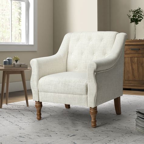 14 Karat Home Wooden Upholstery Armchair with Button-Tufted, Comfy Accent Chair with Turned Legs for Living Room & Bedroom, Ivory - Walmart.com Blue Recliner, Ivory Furniture, Painting Fabric Chairs, Bedroom Cream, Comfy Reading Chair, Corner Lights, Comfy Accent Chairs, Comfy Reading, Upholstery Armchair