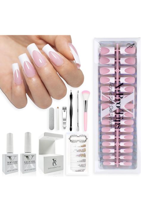 SXC Cosmetics French Tip Press On Nails Pink Series, Medium Square X-Pro Tips Starter Kit Press On Nails Pink, Nails Boho, Vision Goals, French Tip Press On Nails, Nails Kit, Nails Pink, Manicure At Home, Pink Tone, Purple Nails