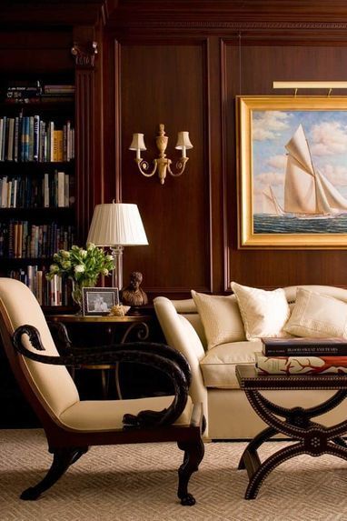 Elegant Library, Covered Sofa, Mahogany Paneling, Style Pinterest, Traditional Interior Design, Character Designer, Arm Chairs, French Furniture, White Furniture