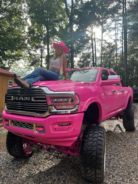 Pink Pick Up Truck, Pink Trailer Park Aesthetic, Ram Lifted Trucks, Pink Pickup Truck, Pink Truck Interior, Pink Cummins, Hot Pink Truck, Pink Four Wheeler, Pink Lifted Trucks