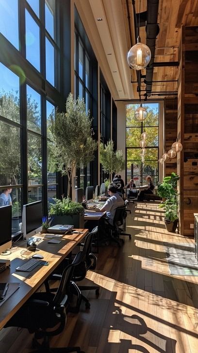 This image captures an inviting modern office brimming with natural light filtering through tall windows, creating a warm and productive environment. Plants line the office, bringing a touch of nature indoors and promoting a serene work atmosphere. The long shared desks are occupied by employees focused on their tasks, and the sleek design elements combined with the natural wooden textures offer a contemporary, yet cozy workplace setting. Beautiful Corporate Office, Interior Design Meeting Room, Dream Office Aesthetic, Office With Natural Light, Co Working Space Aesthetic, Office Workplace Aesthetic, We Work Office Design, Open Office Space Design, Female Ceo Office