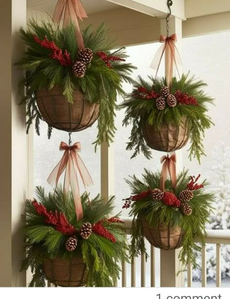 Christmas Porch Hanging Decor, Front Porch Hanging Baskets Winter, Outdoor Hanging Christmas Decor, Diy Christmas Hanging Baskets, Hanging Christmas Planter, Christmas Hanging Baskets Front Porches, Outdoor Christmas Hanging Baskets, Hanging Christmas Baskets, Winter Hanging Baskets