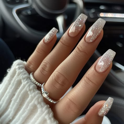 holiday nails, vacation nails, fall nails, acrylic nails, manicure, nail design, gel nails, long nails, short nails, nude nails, square nails, nail art, autumn nails, winter nails, sparkle nails, white nails, Christmas nails, Festive nails White Glitter Nails Acrylic Sparkle, French Ombre Christmas Nails, Silver And White Ombre Nails, Ombre Gems Nails, White Ombre Christmas Nails, Ombre Christmas Nails Winter, Gel Nails With Diamonds, Ombre Holiday Nails, Pretty Christmas Nails Acrylic