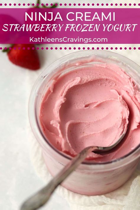 This Ninja Creami Strawberry Frozen Yogurt recipe uses only 5 simple ingredients, including fresh strawberries, and the results are thick, creamy, and slightly tangy like your favorite frozen yogurt. Ready to enjoy plain or with your favorite toppings! Strawberry Yogurt Recipes, Pinkberry Frozen Yogurt, Frozen Yogurt Recipe, Frozen Fruit Recipes, Ninja Ice Cream Recipe, Strawberry Frozen Yogurt, Ninja Creamy, Ninja Ice Cream, Frozen Greek Yogurt