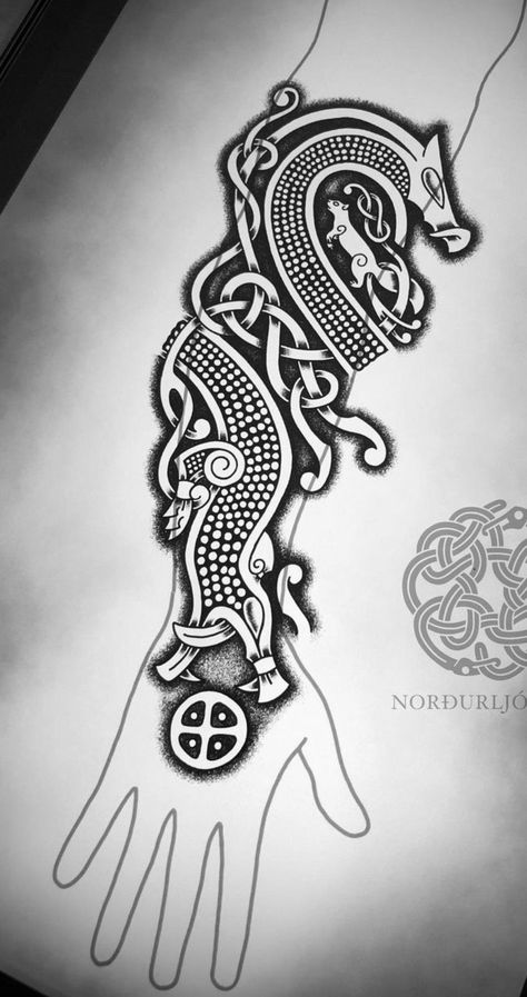 Celtic Knot Dragon Tattoo, Forearm Viking Tattoo Men, Norse Arm Tattoo, World Serpent Tattoo Norse, Jormungandr Tattoo Design, Norse Tattoos For Women, Norse Dragon Tattoo, Nordic Dragon Tattoo, Old Norse Tattoo