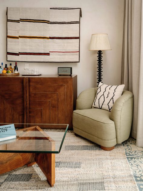 Gingham Wallpaper, Harvey House, Modernist Interior, Members Club, Patterned Wall, Tiled Floors, Wooden Pergola, Clarence House, Modernist Architecture