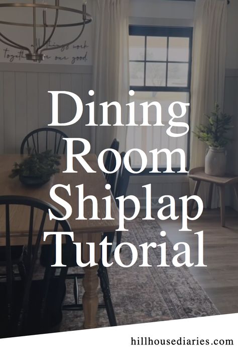 Easy dining room shiplap decor idea! Add behind your fireplace and TV - a shiplap wall and ceiling can make the room feel more spacious. Shiplap can be used in your modern farmhouse dining room, living room, kitchen, and more. The shiplap wall can also be used in the entertainment center to give a rustic feel to the room. Follow for more DIY & Design tips! Shiplap Chair Rail Dining Room, Shiplap In Dining Room, Shiplap Dining Room Ceiling, Dining Room Shiplap, Dining Room Shiplap Wall, Beadboard Dining Room Walls, Kitchen Shiplap Walls, Shiplap Wall Dining Room, Shiplap Dining Room Wall