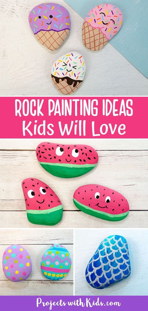 Rock painting for kids is always a fun activity! Click to find awesome rock painting ideas kids of all ages will love to make! Rock Painting Elementary School, Rock Painting How To, Outdoor Rock Painting, Preschool Rock Painting, Easy Kindness Rocks, Summer Painting Crafts For Kids, Resin Rocks Diy, Coloring Rocks Ideas, Painted Rock Designs Easy