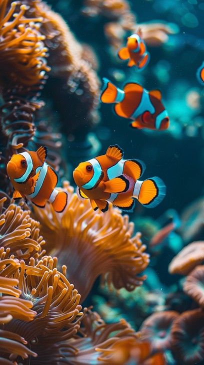 This captivating underwater photograph showcases a group of clownfish, affectionately known as 'Nemo', nestled among the flowing tentacles of a sea anemone. The symbiotic relationship between the clownfish and their host anemone is highlighted by the vivid colors and dynamic environment. The orange and white patterns of the clownfish contrast strikingly against the deep blues and greens of their marine surroundings, creating a mesmerizing display of nature's beauty and complexity. Clown Fish And Anemone, Clown Fish Photography, Clownfish And Sea Anemone, The Symbiotic Relationship Between, Beautiful Tropical Fish, Fish Quilt, Ocean Underwater, Underwater Scene, Sea Anemone