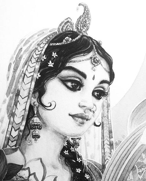 Vedic Tales on Instagram: “What does Srimati Radharani wear on Her neck? This is the question. Krsna Himself is Indra-nilamani. Srimati Radharani will only wear this…” Radha Krishna Sketch, Krishna Sketch, God Drawing, Srimati Radharani, Shree Radha, Shri Radha, Realistic Pencil Drawings, Canvas Art Quotes, Pencil Sketch Images