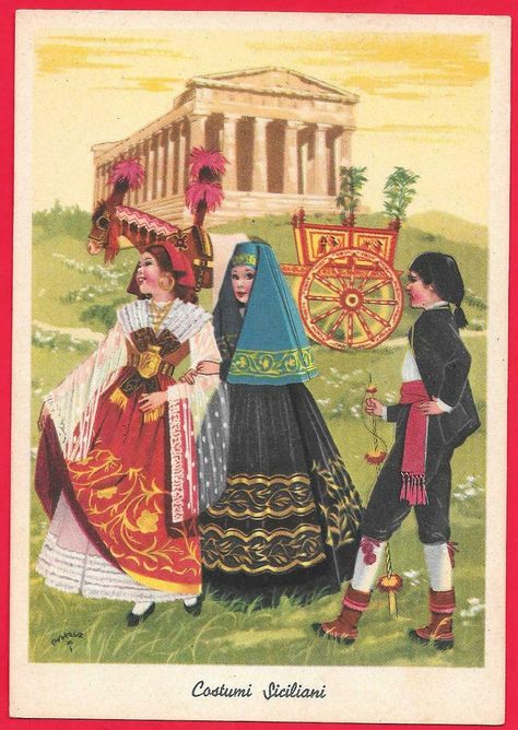 Sicilian Clothing, Traditional Italian Clothing, Sicilian Women, Mediterranean Aesthetic, Folklore Art, Italian Life, Old Cards, Italian Culture, Folk Embroidery