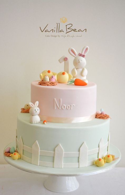 Cute Bunny Birthday Cake, Birthday Cake With Bunny, Easter Birthday Cake, Birthday Cake Bunny Rabbit, Two Tier Bunny Birthday Cake, Birthday Cake For Rabbits, Barnyard Cake, Making Fondant, Vanilla Bean Cakes