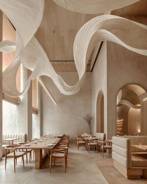 Structural Interior Design, Clean Restaurant Design, Restaurant Interior Design Minimalist, Minimal Restaurant Interior Design, Latest Interior Design Trends 2024, Fun Cafe Design, Japandi Restaurant Interior, Organic Luxury Interior, Minimal Restaurant Design