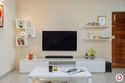 This is How You Design an Elegant & Fun 3BHK White Tv Units Living Room, White Tv Unit, Best House Design, Living Room Wall Designs, Tv Unit Furniture Design, Tv Unit Decor, Room Tv Unit, Tv Cabinet Design, Tv Unit Designs