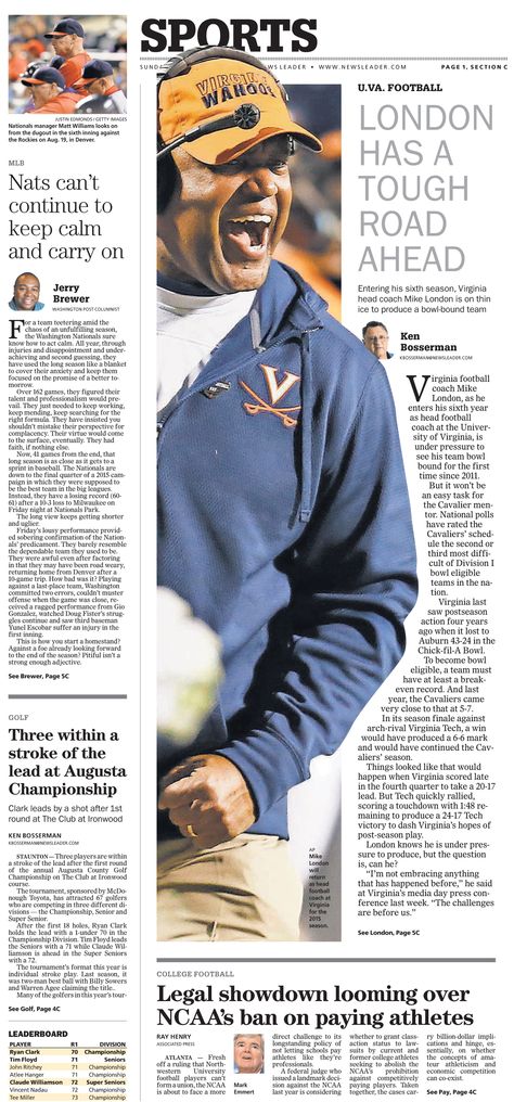 News Design: Staunton (Va.) News-Leader's August 23, 2015 sports cover News Publication Design, News Layout Design, News Design Layout, News Page Design, Newspaper Cover Design, Newspaper Layout Design, Newspaper Graphic Design, News Paper Advertisement Design, Sport Magazine Layout