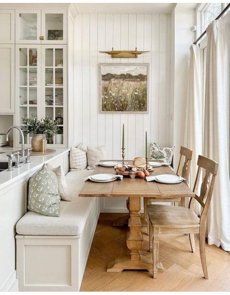 Breakfast Nook Bench, Cozy Breakfast Nook, Kitchen Nook, Dining Nook, Ship Lap Walls, Food Bowl, Breakfast Nook, Wooden Table, Banquette