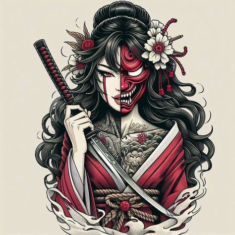 Female Samurai Tattoo, Samurai Mask Tattoo, Japanese Hand Tattoos, Geisha Tattoo Design, Mangas Tattoo, Gothic Tattoos, Geisha Tattoo, Japan Tattoo Design, Marvel Tattoos