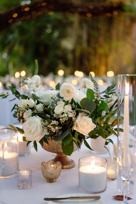 Elegant Green and White Wedding at the Villa Woodbine. Low Green and White Centerpiece White Green Wedding Flowers Centerpieces, White Wedding Flowers With Lots Of Greenery, White Low Centerpiece Wedding, White Green And Champagne Wedding Flowers, Table Decorations White And Green, Elegant Greenery Wedding Centerpieces, White Wedding Flower Decor, Wedding Reception Table Florals, Greenery On Round Tables Wedding