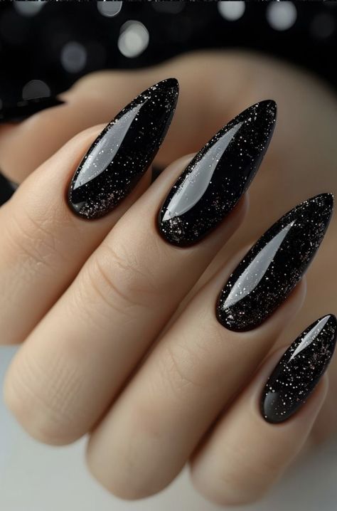 Black Colour Nails, Dark Glitter Nails Sparkle, Black Spooky Nails Almond, Nails Black Sparkle Glitter, Nails For Night Out, Black Glittery Nails Acrylic, Black Nails Inspiration Almond, Sharp Black Acrylic Nails, Dip Powder Black Nails