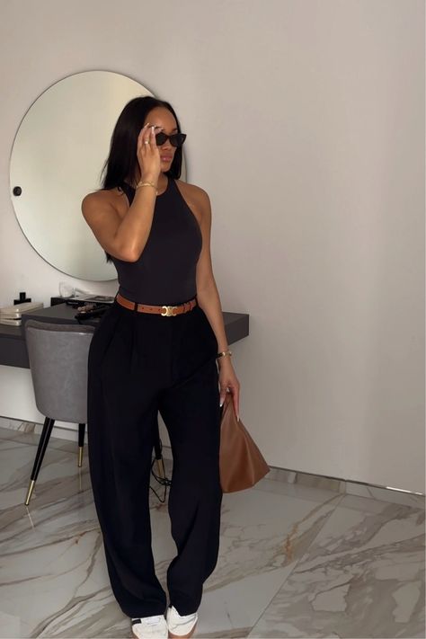 HIGH NECK BODYSUIT curated on LTK Outfits To Wear To The Office, Put Together Outfits Black Women, Style In Your 30s Summer, Bodysuit And Wide Leg Pants, New Mom Summer Outfits, Bodysuit Outfit Ideas Black Women, Mombasa Outfits, Real Estate Outfits For Women Summer, Travel Outfit Black Women