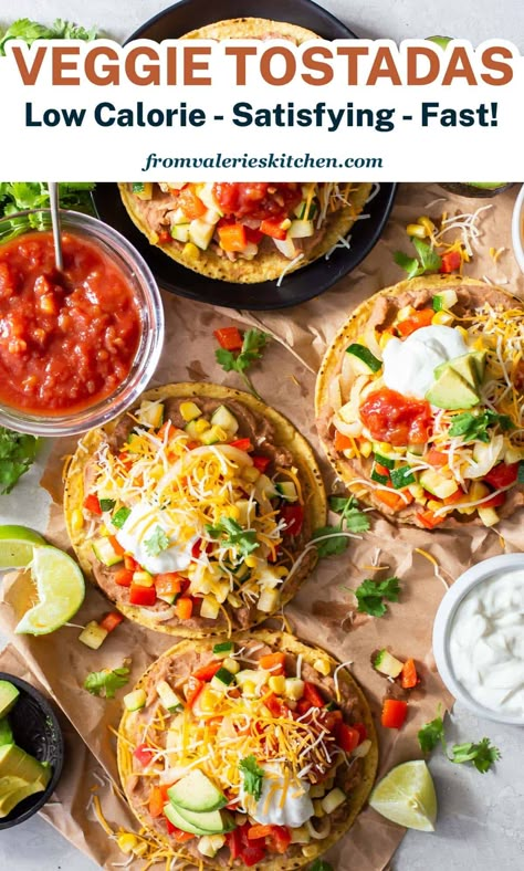 Veggie Casadillas, Low Calorie Tostadas, Tostada Vegetarian, Low Calorie Dinner Ideas Vegetarian, Low Calorie Vegetarian Breakfast, Low Cal Tostadas, Vegetable Tostadas, Corn Tortillas What To Do With Vegetarian, Macro Vegetarian Recipes