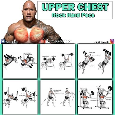 Upper chest workout chart - The upper chest is the most stubborn chest area to grow, meaning that it needs plenty of extra stimulation, compared to the mid and lower pecs which get more action due to their involvement in many upper body exercises. Therefore, achieving a balanced, full look of the upper body, requires focusing a big part of your chest. Workouts Chest, Rock Workout, The Rock Workout, Chest Training, Chest Workout Women, Chest Workout For Men, Chest Day, Latihan Dada, Best Chest Workout