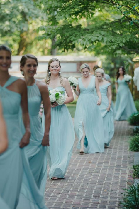 Bridesmaids look lovely in differently styled dresses. Aquamarine was an excellent color for the summertime ceremony in Virginia. #VAwedding Light Aqua Bridesmaid Dresses, Aquamarine Bridesmaid Dress, Aquamarine Wedding Theme, Aqua Bridesmaid Dresses, Aquamarine Dress, Aquamarine Wedding, Turquoise Bridesmaid Dresses, Teal Bridesmaid Dresses, Bridesmaid Gowns